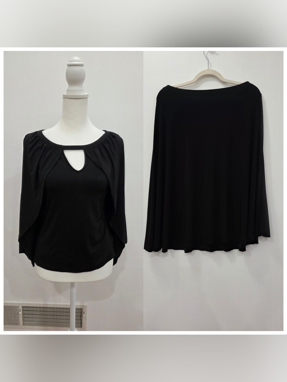 Black Keyhole Neck Draped Top With Aline Flowy Skirt.